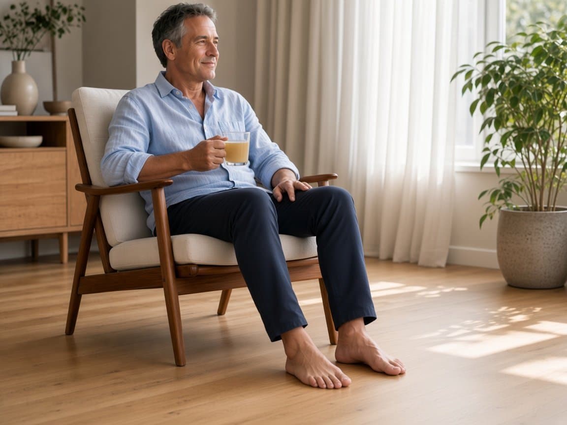 En hand på knät och ett glas buljong i morgonljus.